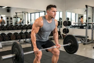 Homme musclé soulevant une barre en salle de musculation en Nouvelle-Aquitaine, ambiance professionnelle et équipements modernes