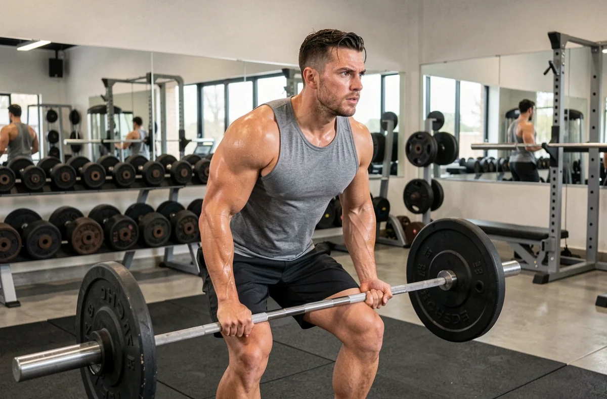 Homme musclé soulevant une barre en salle de musculation en Nouvelle-Aquitaine, ambiance professionnelle et équipements modernes