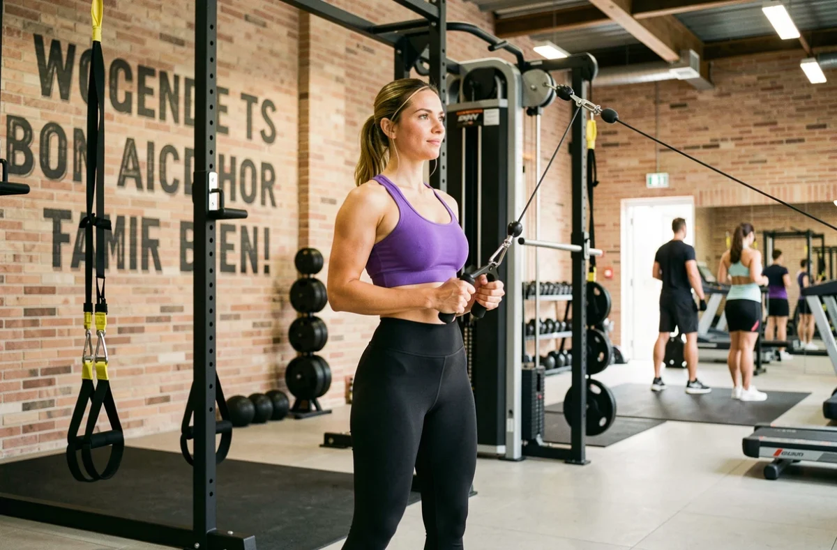 Femme s'entraînant sur machine à câbles dans une salle de fitness moderne en Nouvelle-Aquitaine, ambiance premium et espace ouvert