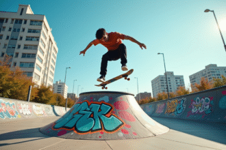 Skateboardeur en plein saut au-dessus d'une rampe graffitée en ville