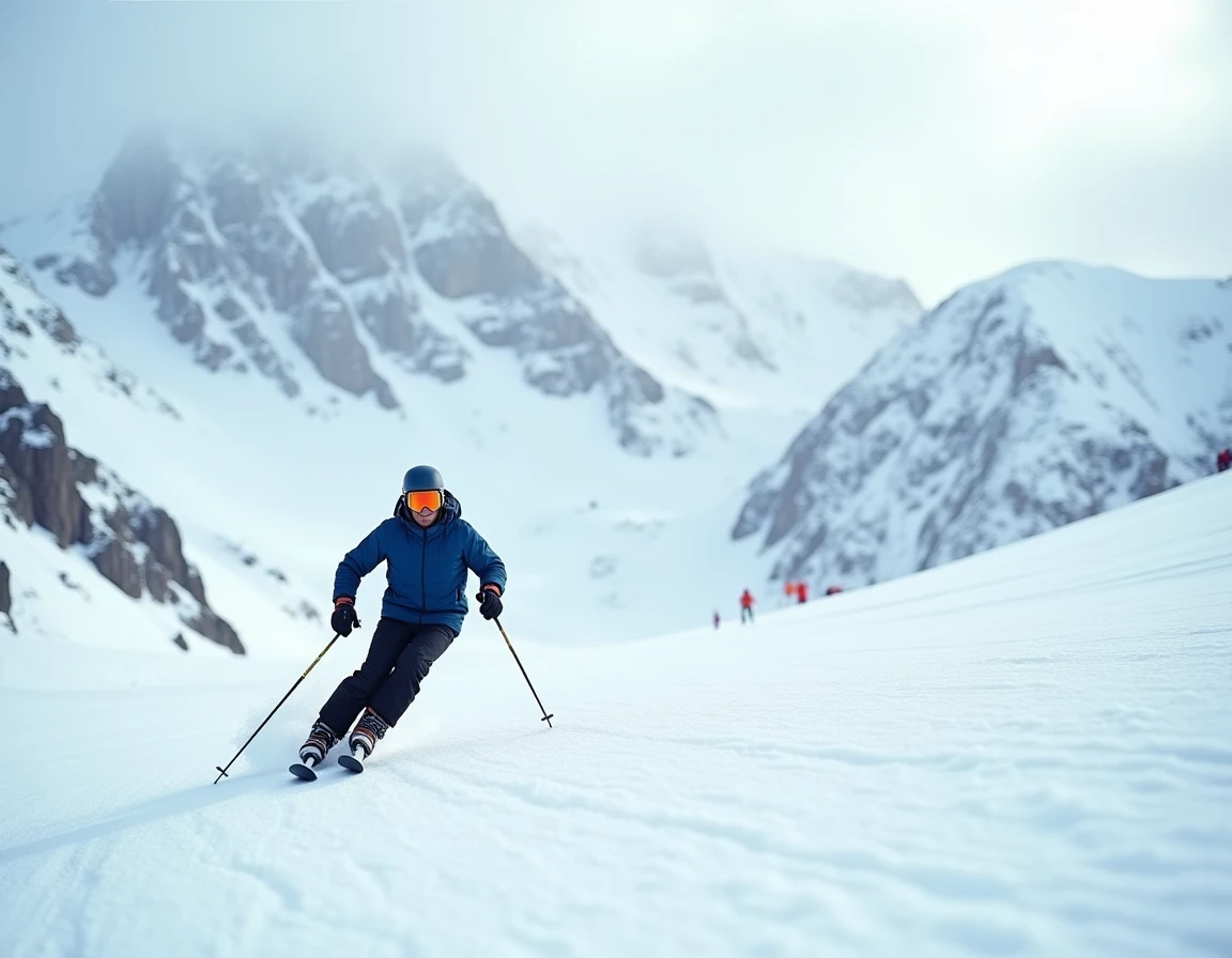 Skieur solitaire descendant une piste bien damée à Alpe d'Huez lors d'une journée calme en dehors des vacances scolaires