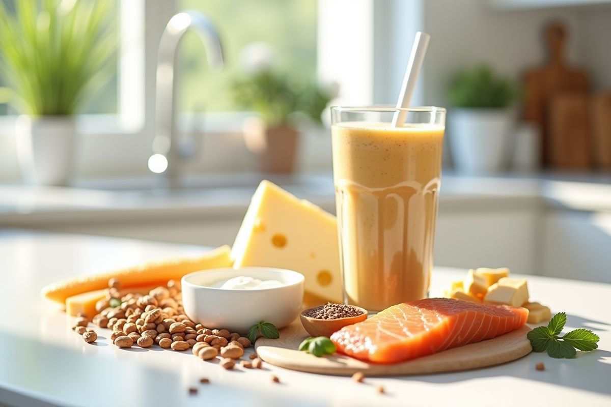 Smoothie protéine entouré de sources de protéines variées