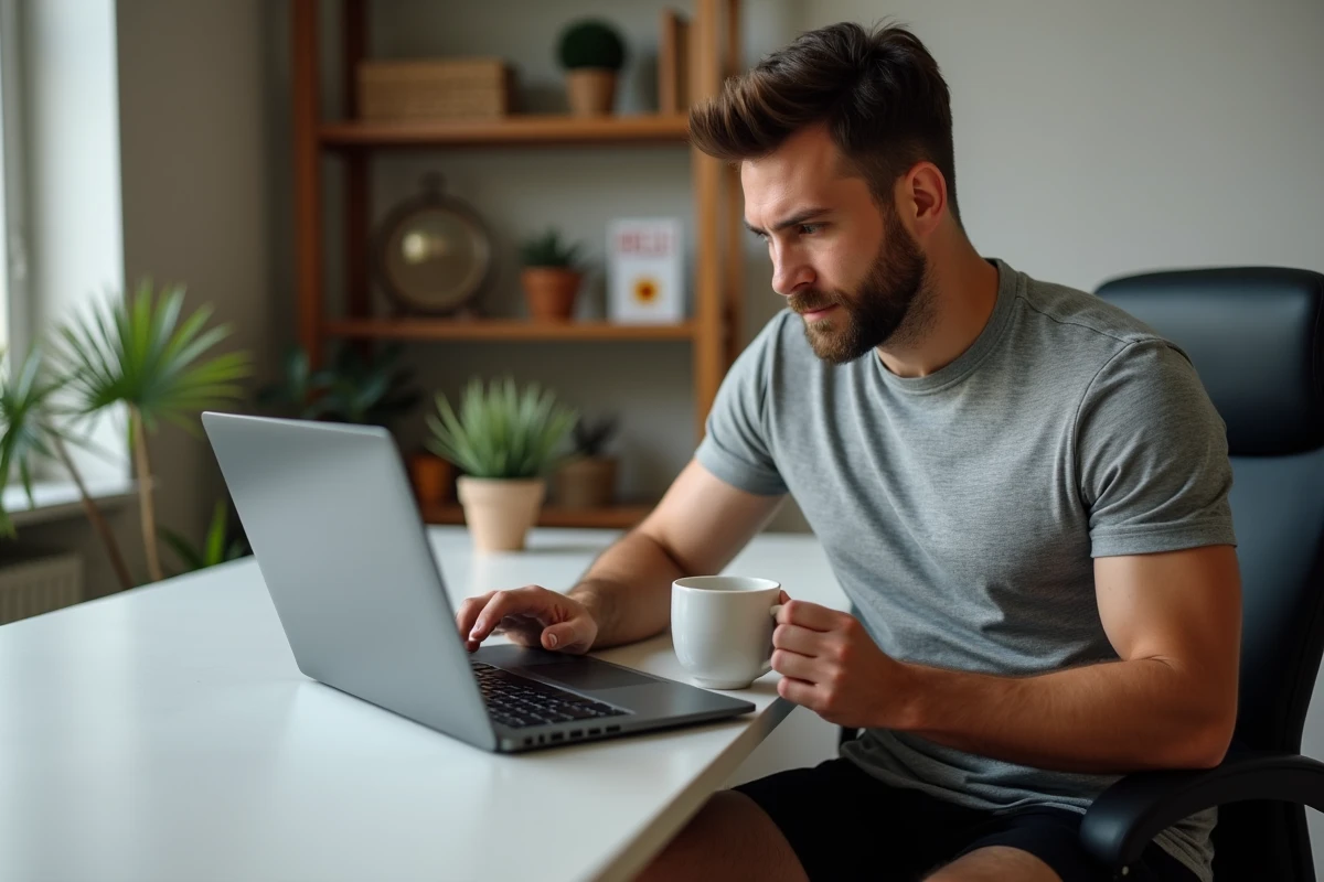 Homme consultant les options d'abonnement Basic-Fit sans engagement sur un ordinateur portable à domicile