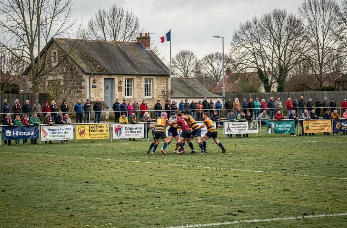 Vue panoramique d'un stade de rugby Fédérale 3 en France lors d'un match avec spectateurs et touche en cours