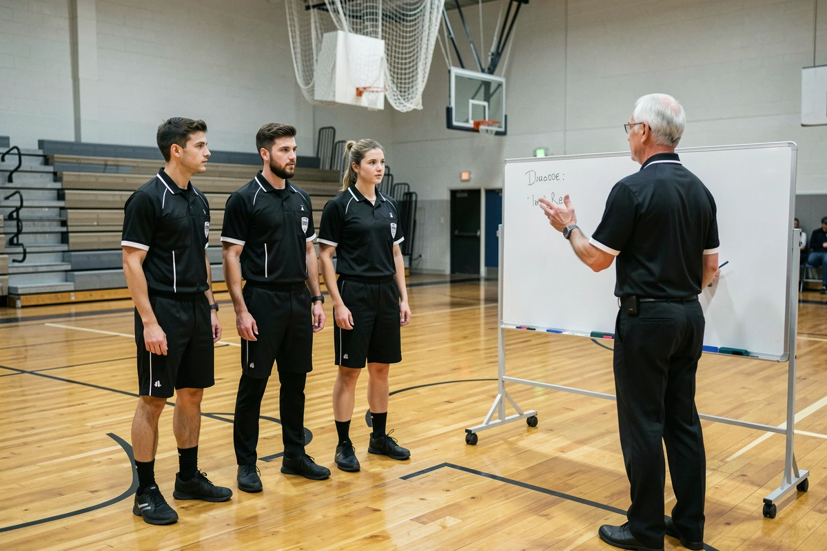 Groupe de jeunes arbitres en stage de formation écoutant un instructeur senior dans un gymnase sportif