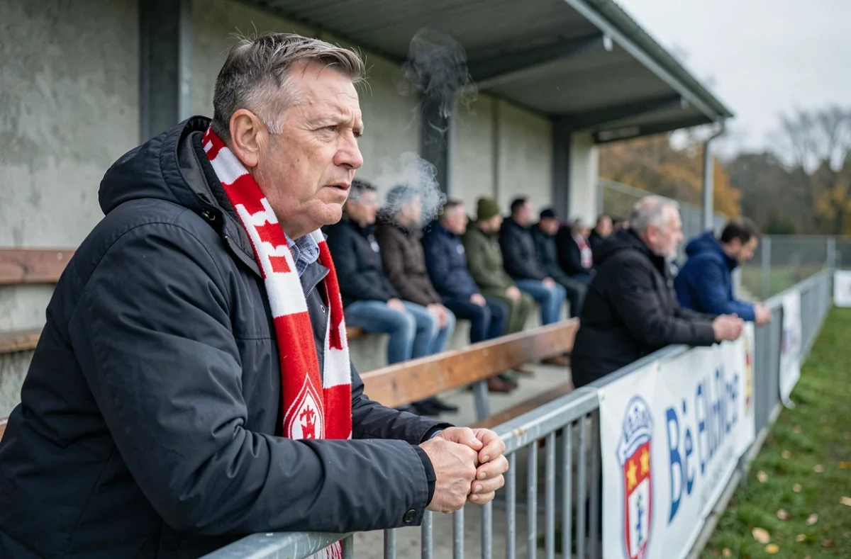 Supporter passionné d'un club local du District Aisne regardant un match de football du week-end depuis les tribunes
