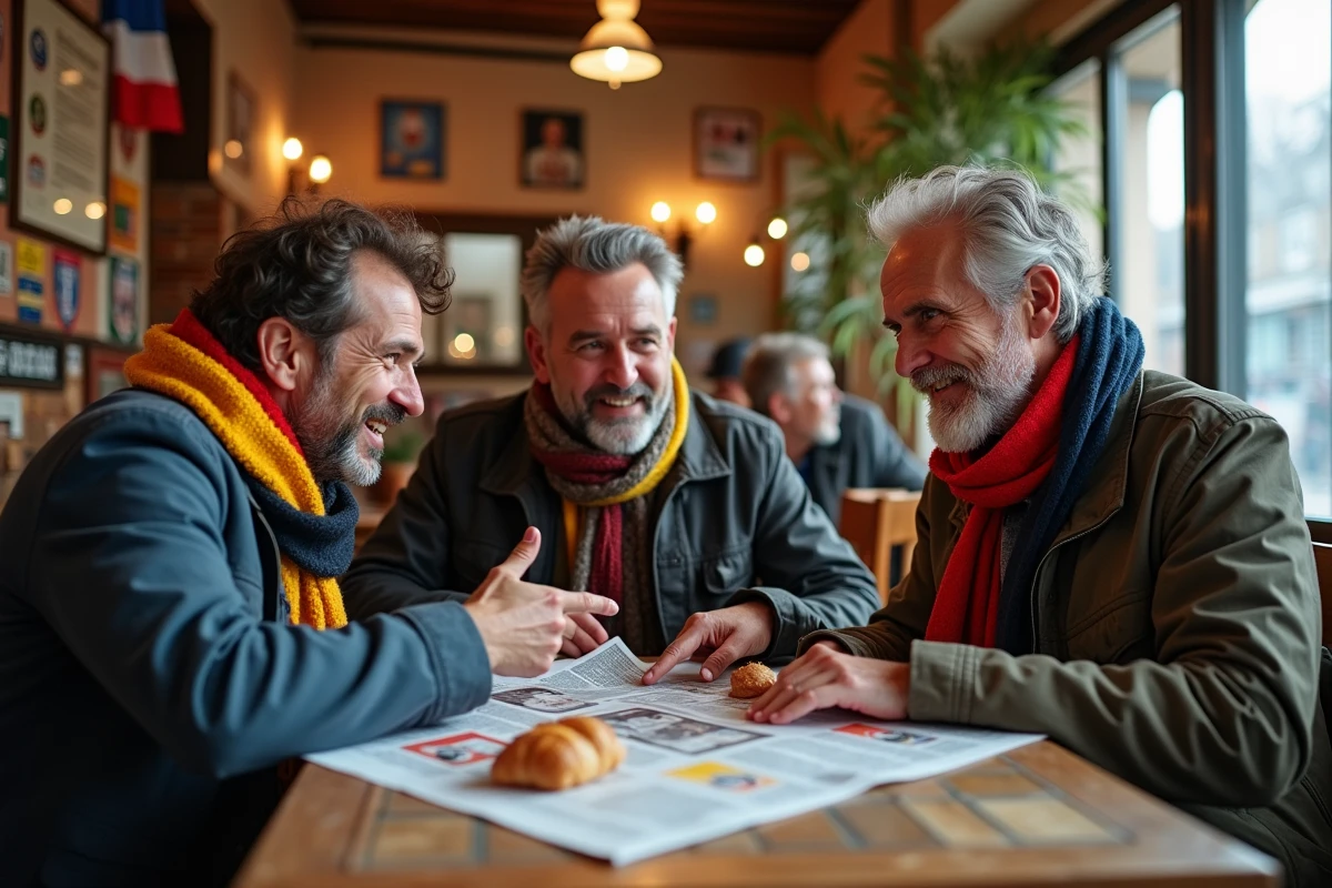 Supporters amiénois discutant de l'actualité sportive locale autour d'un exemplaire de la gazette sport d'Amiens dans un café