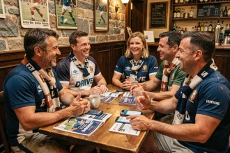 Supporters du CA Brive en discussion animée dans une brasserie française autour de programmes de rugby et de forums en ligne