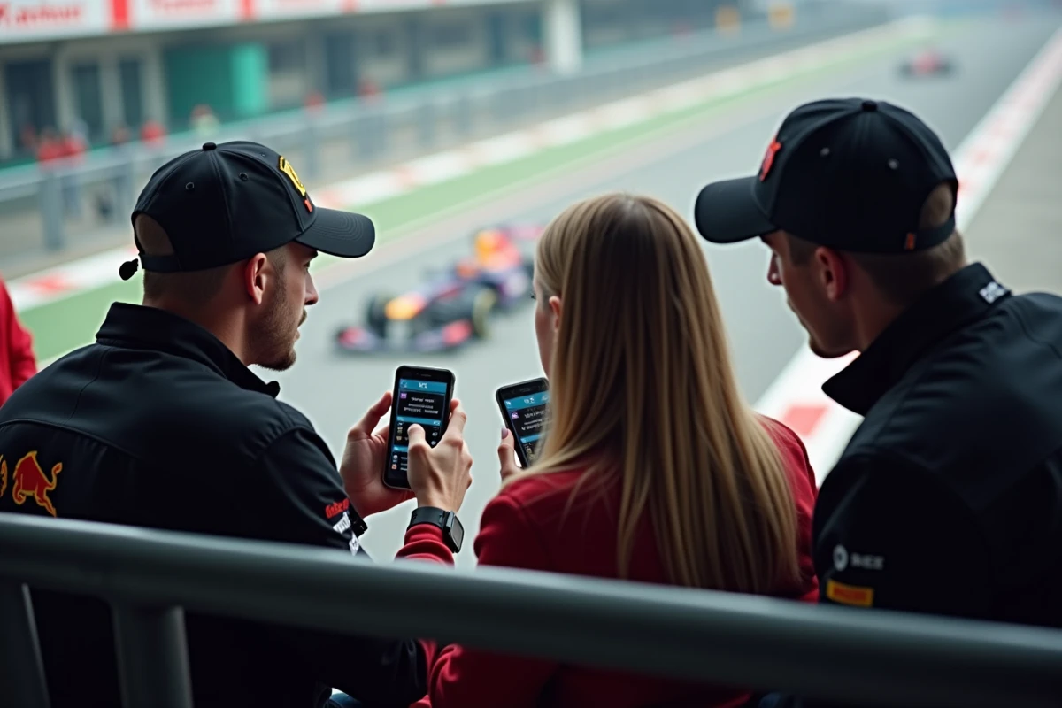 Groupe de supporters de Formule 1 dans les tribunes consultant le classement du championnat en direct sur leur smartphone lors d'un Grand Prix