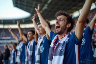 Supporters jeunes de Paris FC dans le stade en pleine excitation