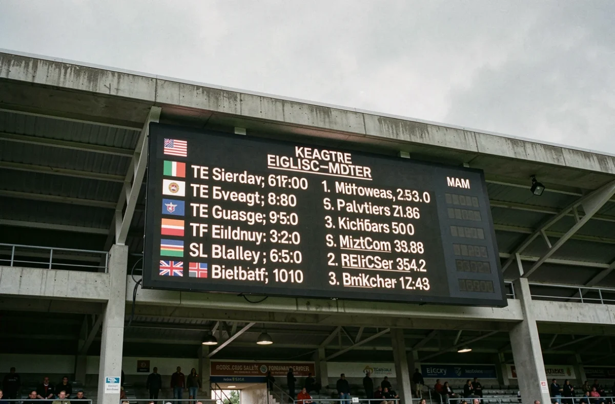 Tableau d'affichage d'un stade de rugby montrant les dates et horaires du Tournoi des 6 Nations 2026