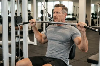 Homme de 45 ans effectuant un tirage poulie dos avec une posture adaptée et un dos bien aligné dans une salle de sport moderne