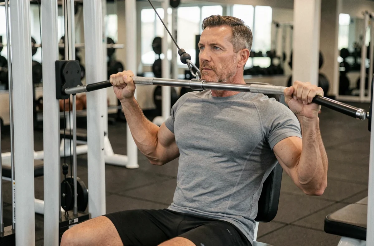 Homme de 45 ans effectuant un tirage poulie dos avec une posture adaptée et un dos bien aligné dans une salle de sport moderne