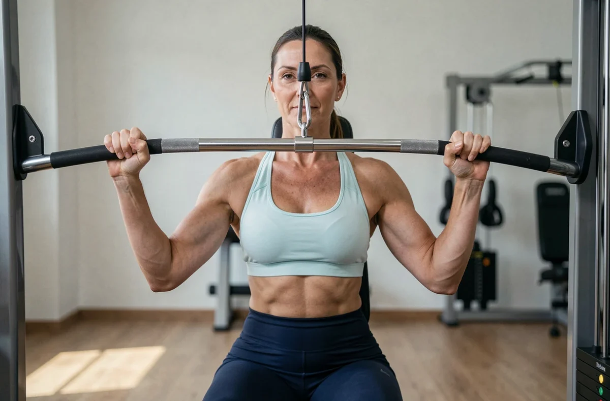 Femme sportive réalisant un tirage poulie prise serrée avec une amplitude réduite pour protéger les lombaires fragiles