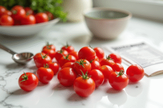 Mains avec tomates cerises fraîches sur plan de travail en marbre