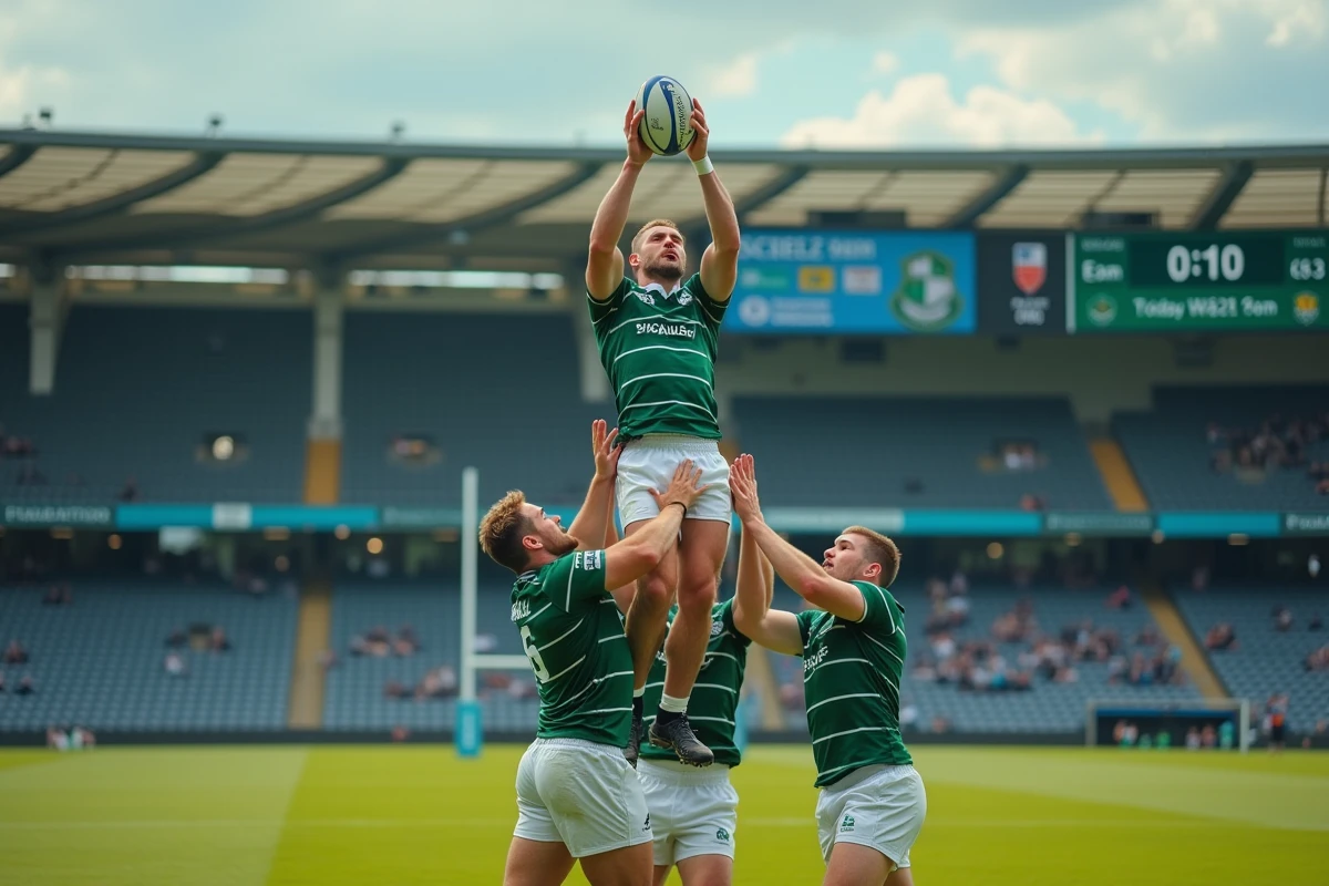 Touche de rugby en Fédérale 1 avec joueur soulevé attrapant le ballon lors d'un match