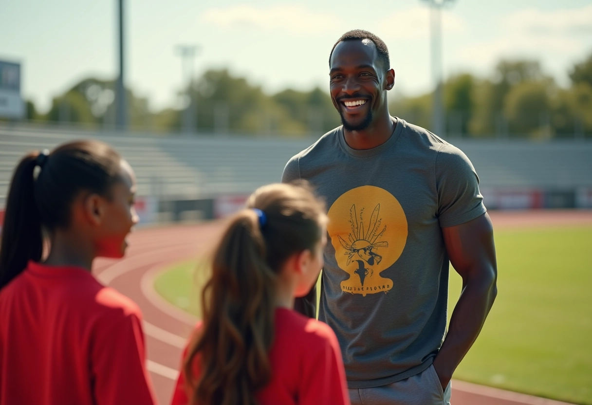 Usain Bolt souriant avec jeunes athlètes en extérieur