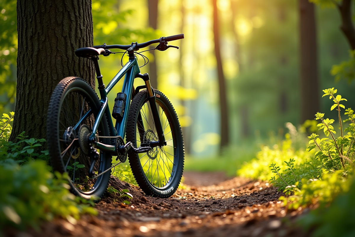 VTT appuyé contre un arbre sur un sentier en forêt ensoleillée