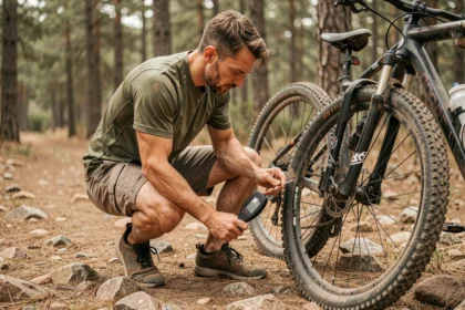 VTTiste vérifiant la pression du pneu avant avec une jauge numérique sur un sentier rocailleux en forêt