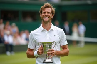 Joueur de tennis outsider brandissant un trophée après une victoire surprise à Wimbledon sur le gazon du Central Court