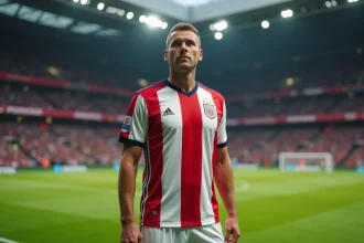Footballeur professionnel en maillot rayé rouge et blanc scrutant le terrain avec une vision de jeu exceptionnelle, dans un grand stade